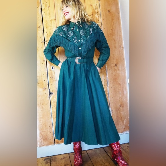 Lilia Smitty Dresses & Skirts - VTG 80s Lilia Guilty Smitty Smith Teal Green Fringed Western Cowgirl Maxi Dress